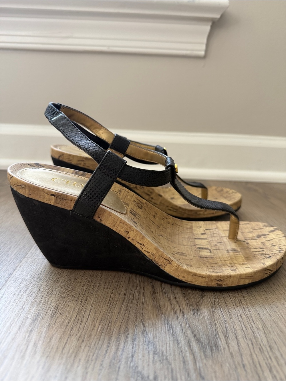 Chaps Black Cork Platform Wedge Sandals